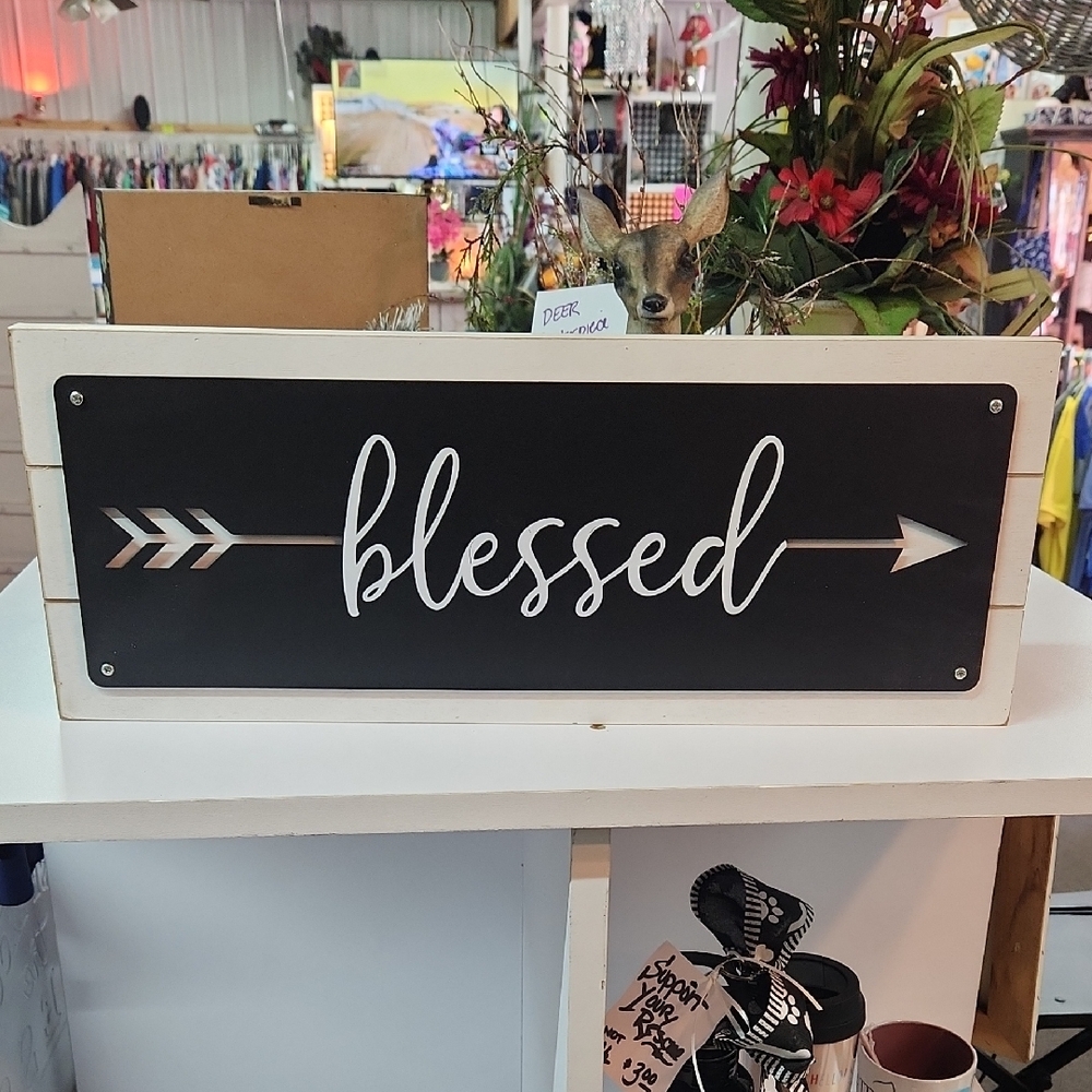 Black and White 'Blessed' Wooden Sign